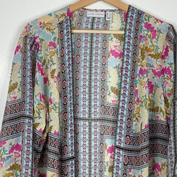 SUSAN GRAVER printed sheer woven cardigan Large - Picture 3 of 6